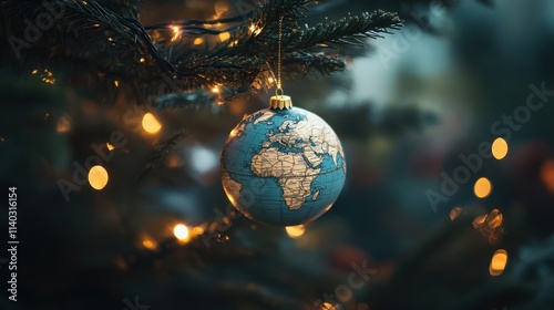 A Christmas tree adorned with a world map globe ornament, glowing softly with warm lights in a cozy holiday setting