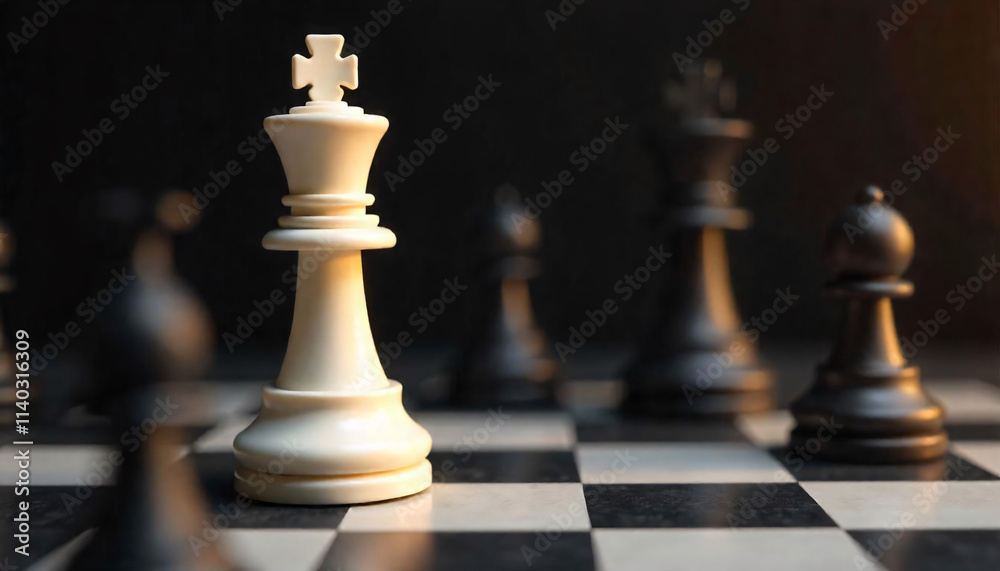 A white chess king piece standing among black chess pieces on a chessboard A white chess king piece standing among black chess pieces on a chessboard