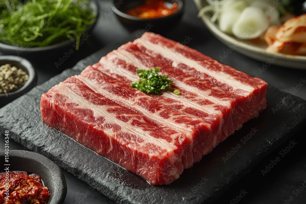 Korean cuisine featuring beef sashimi raw pork belly grilled meats sides galbitang rice kimchi ssamjang and seasonings Korean cuisine featuring beef sashimi raw pork belly grilled meats sides galbitang rice kimchi ssamjang and seasonings