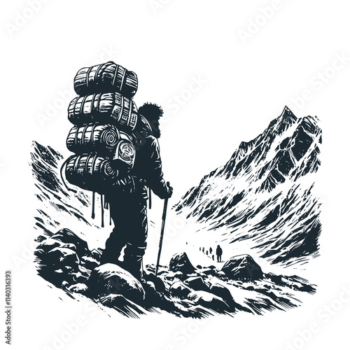 The vintage ancient climber sherpa. Black white vector logo illustration.
