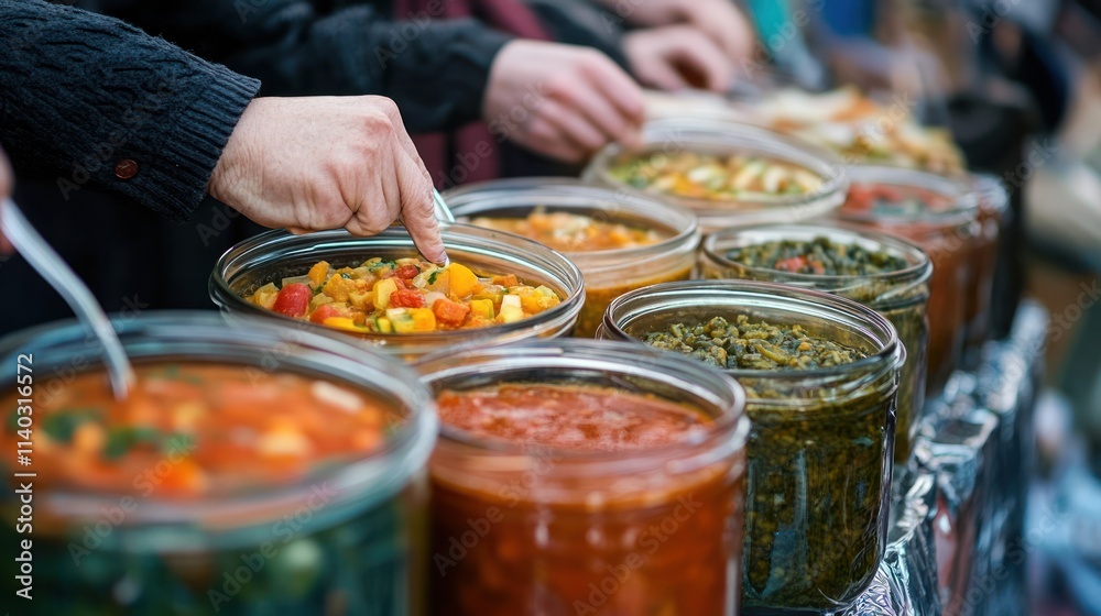 Hands reaching into glass jars of various colorful stews and sauces at a food stall. Hands reaching into glass jars of various colorful stews and sauces at a food stall.