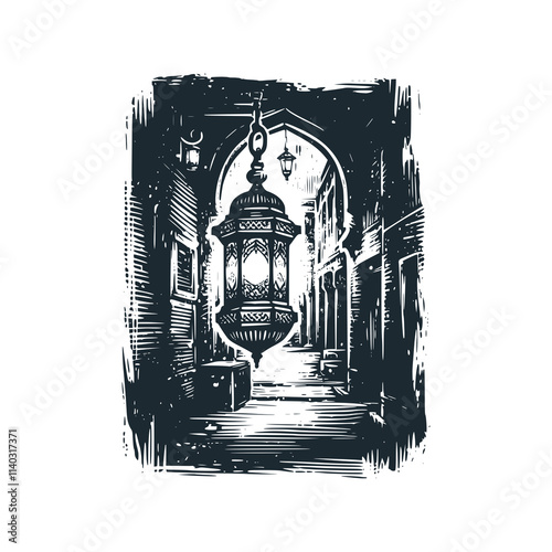 The alley on ramadan with lanterns. Black white vector illustration.
