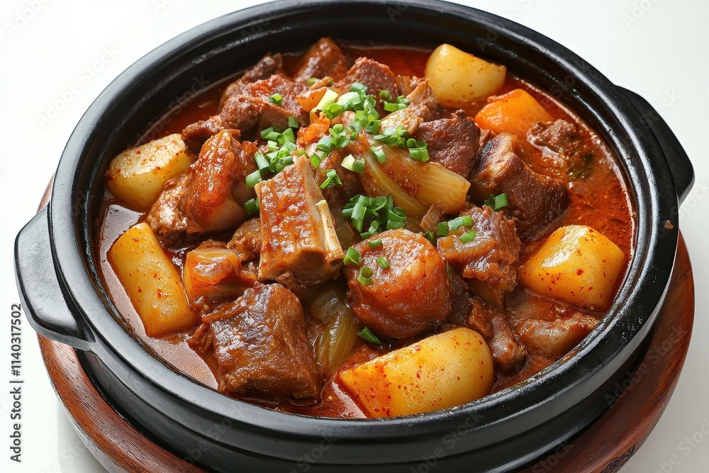 Korean cuisine featuring pork spine stew spicy pork braised fish and vegetables served as a meal or side