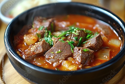 Korean cuisine featuring various beef dishes sundae soup and kimchi