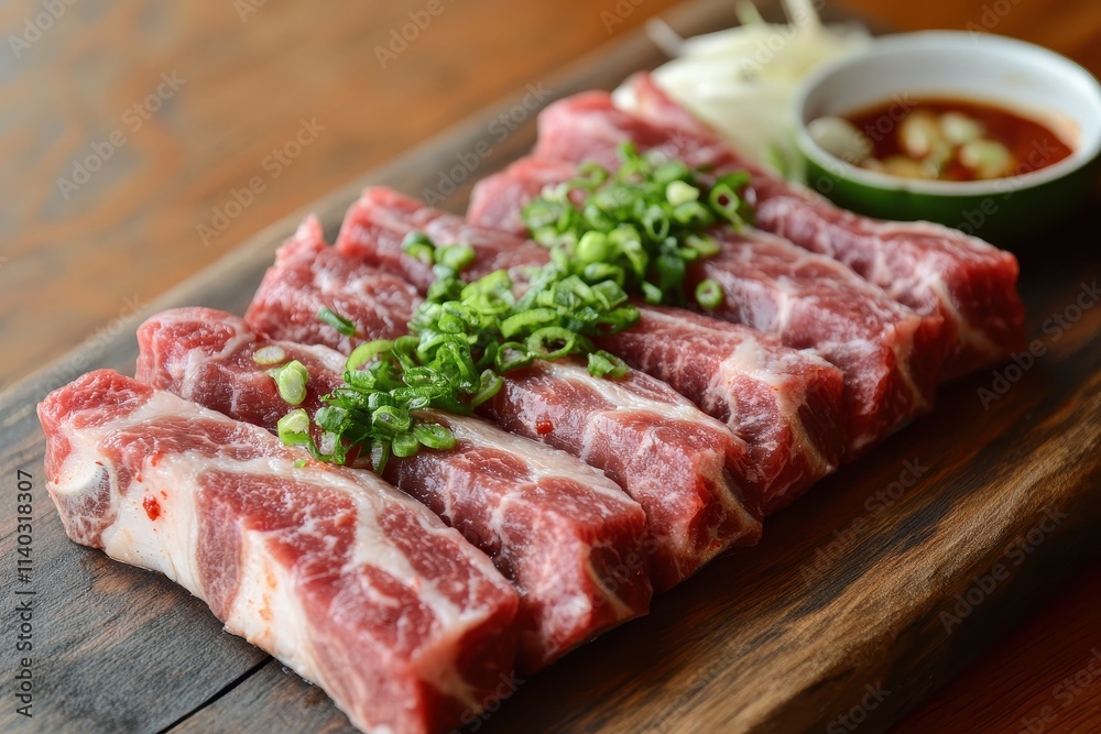 Korean cuisine includes beef sashimi raw pork belly grilled meats seasonings ribs galbitang soup rice kimchi ssamjang and various vegetables Korean cuisine includes beef sashimi raw pork belly grilled meats seasonings ribs galbitang soup rice kimchi ssamjang and various vegetables