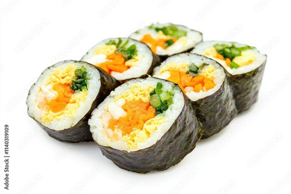 Korean Gyeran Mari is a rolled egg omelet with spring onion and carrot similar to Japanese tamagoyaki and Indonesian telur dadar gulung set against a white back Korean Gyeran Mari is a rolled egg omelet with spring onion and carrot similar to Japanese tamagoyaki and Indonesian telur dadar gulung set against a white back