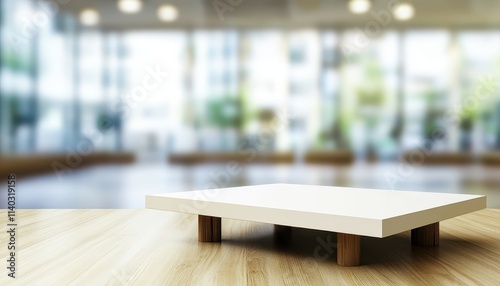 A minimalist wooden platform with a white surface, set against a softly blurred background of a spacious, modern interior.