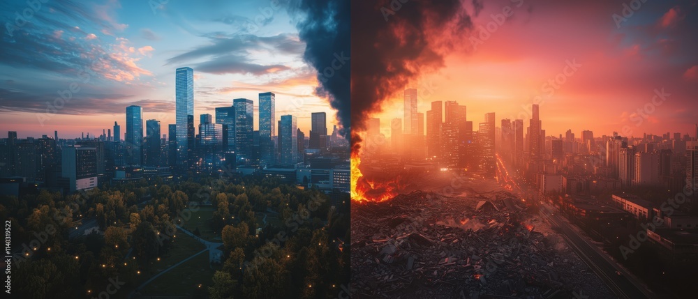 Breathtaking Cityscape Divided Vertically Showcasing Contrasting Scenes of Tranquility and Catastrophe at Dusk in a Modern Urban Environment