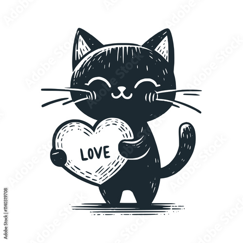 Love pillow in a cat's arms. Black white vector illustration.
