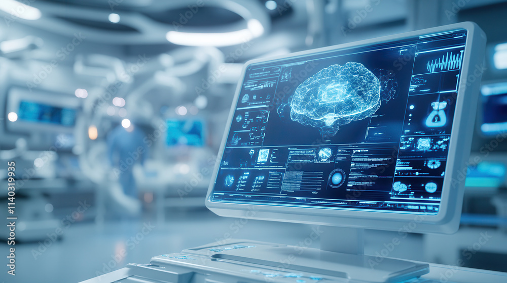futuristic healthcare facility with computer displaying brain scans and holographic data futuristic healthcare facility with computer displaying brain scans and holographic data