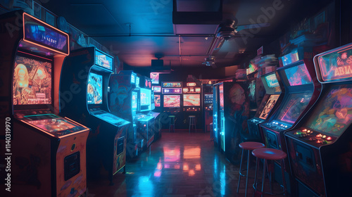 Neonbeleuchteter Retro-Arcade-Raum voller Spielautomaten photo