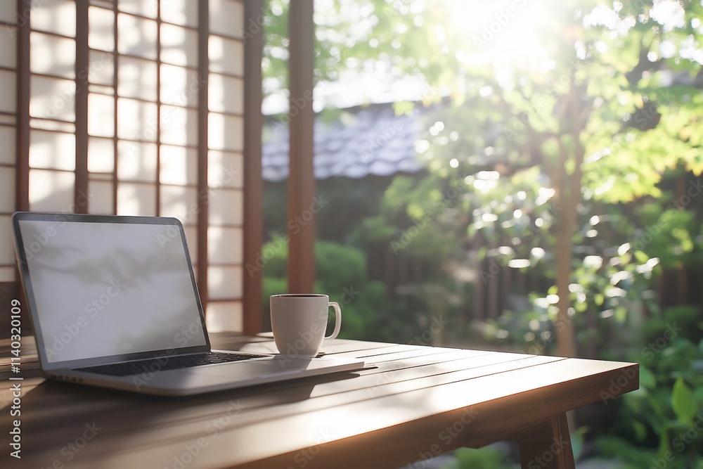 A serene workspace with a laptop and coffee in a lush garden setting. A serene workspace with a laptop and coffee in a lush garden setting.