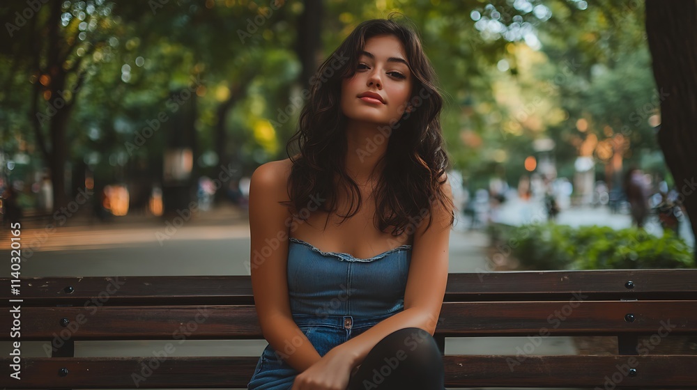 Female model sitting on a park bench in a busy city park, looking relaxed Female model sitting on a park bench in a busy city park, looking relaxed