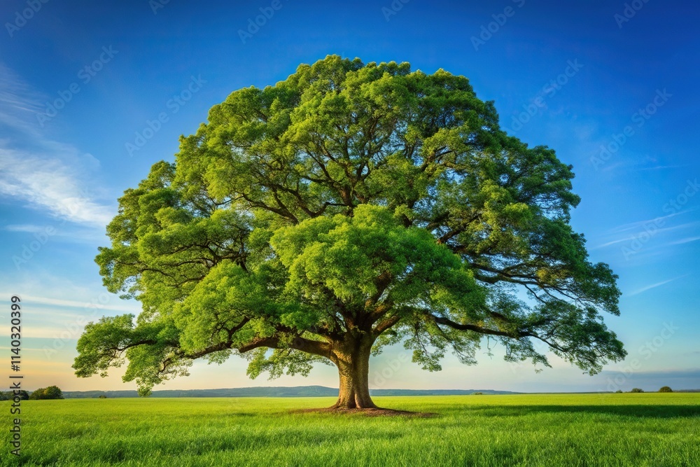 Fototapeta premium Single big oak tree in field with perfect treetop