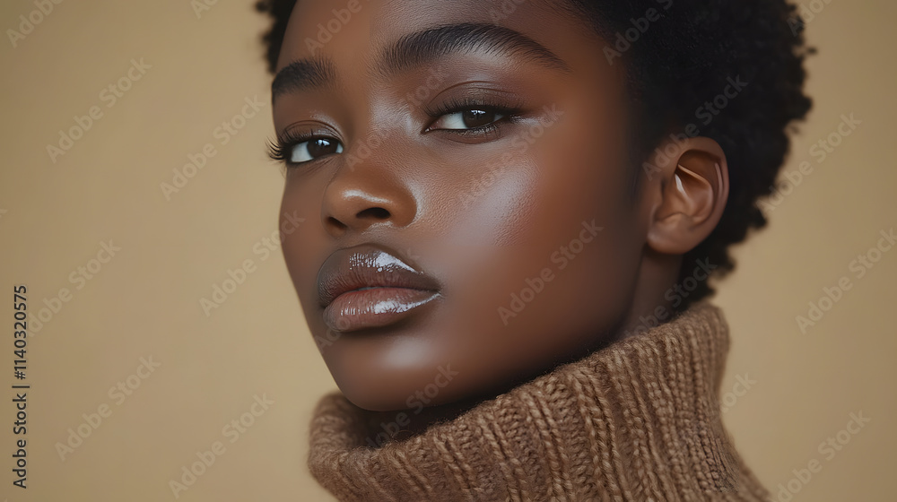 Portrait of a woman with smooth skin and glossy lips, wearing a cozy brown turtleneck, Mocha Mousse Portrait of a woman with smooth skin and glossy lips, wearing a cozy brown turtleneck, Mocha Mousse