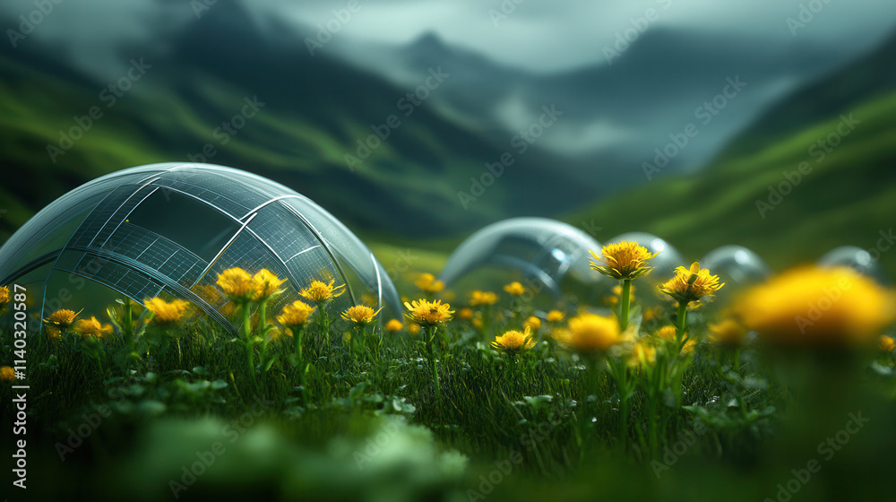 Naklejka premium Futuristic domes with solar panels in lush green valley surrounded by yellow flowers and mountains