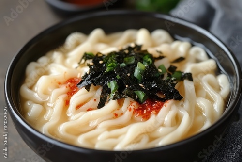 Korean Jang Kalguksu is a spicy noodle soup with chopped noodles red chili paste and seaweed featuring traditional handmade noodles photo