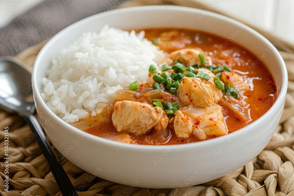 Korean Kimchi Jjigae in a white bowl with rice Korean Kimchi Jjigae in a white bowl with rice