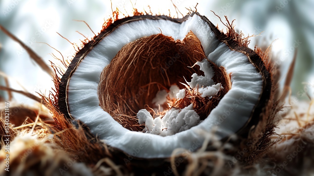 Cracked coconut showing white flesh and husk. Cracked coconut showing white flesh and husk.
