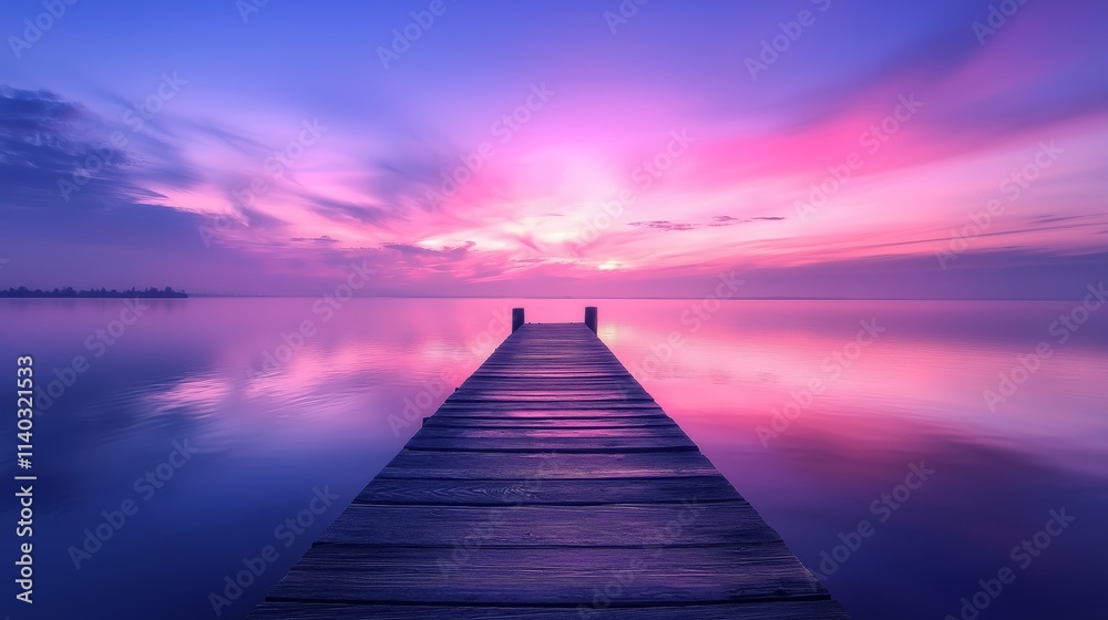 Fototapeta premium Serene twilight scene with glowing layers of purple and soft pink hues reflecting on a calm lake, showcasing a wooden pier extending into the vibrant sky