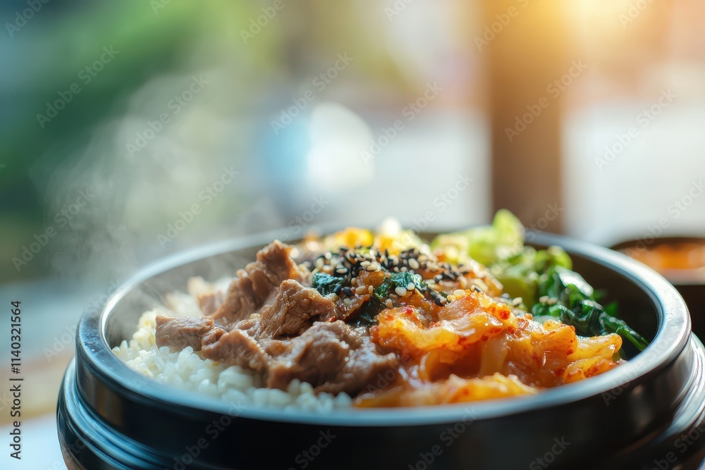 Korean lunch box with rice bulgogi kimchi jjajang myeon and egg roll Highlighted in focus with a blurred backdrop Korean lunch box with rice bulgogi kimchi jjajang myeon and egg roll Highlighted in focus with a blurred backdrop