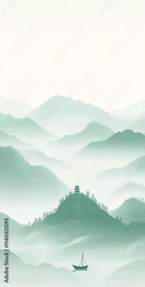 Serene misty green mountainscape with a small boat. Serene misty green mountainscape with a small boat.