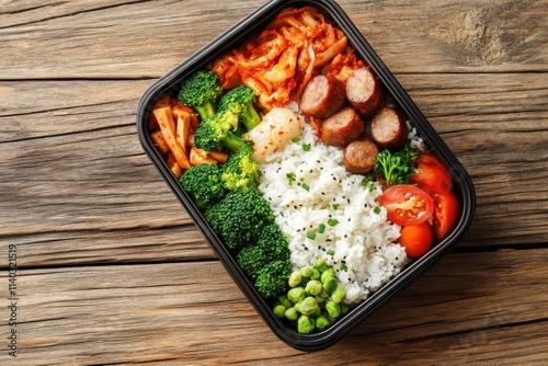 Korean lunch box includes steamed rice egg roll sausage kimchi tomato and broccoli on a wooden table photo