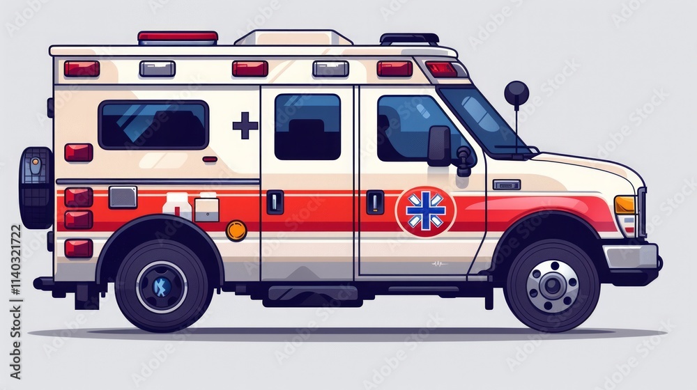 Icon of Ambulance: Signifying emergency medical services. Cartoonish style