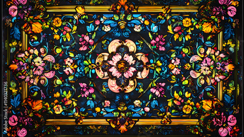 An Intricate Baroque Stained-Glass Design Featuring Elaborate Frames and Vivid Nature Depictions in a Historical Setting