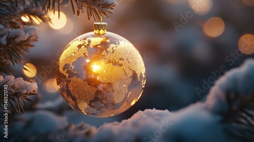 A shimmering world map ornament ball with continents in gold glitter, glowing softly as it hangs on a snow-covered holiday tree