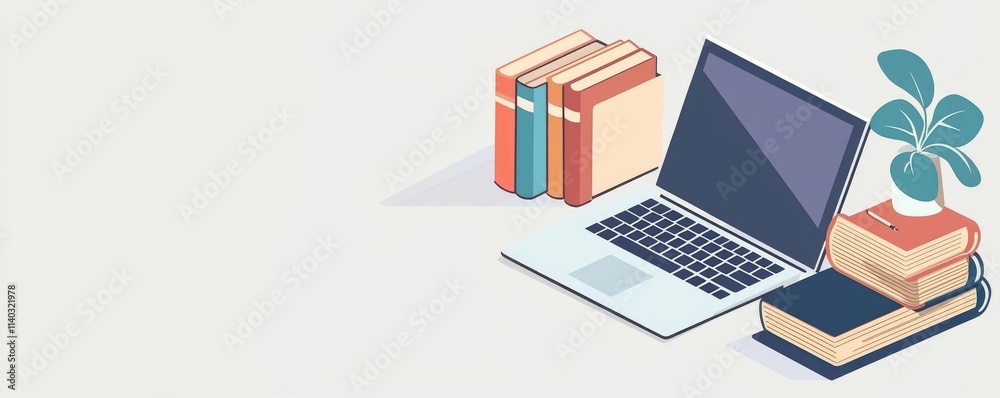 Computer home laptop workspace concept. Compact study space, laptop with books nearby, flat design illustration