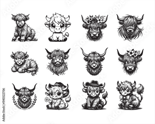 Collection of Cute Highland cattle Vector illustration - Highland Cow Clipart
