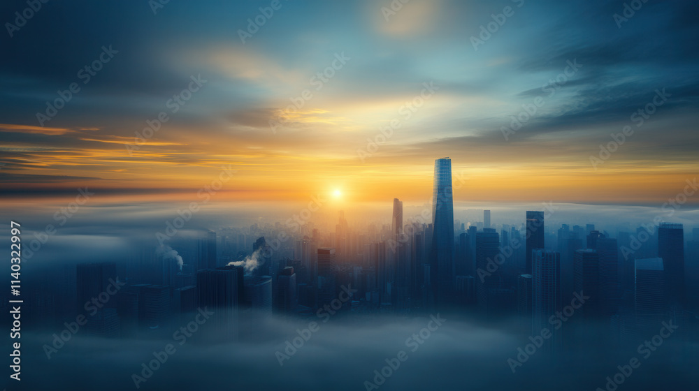 modern city skyline emerges through dense fog at sunrise, with vibrant colors and serene atmosphere modern city skyline emerges through dense fog at sunrise, with vibrant colors and serene atmosphere