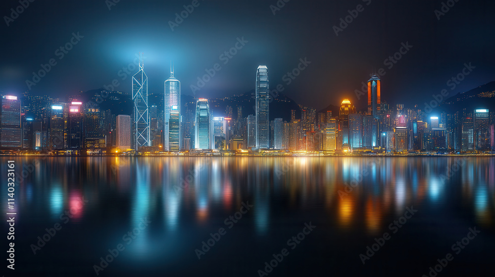 Naklejka premium vibrant modern city skyline illuminated at night, reflecting on calm water, showcasing urban energy and architectural brilliance