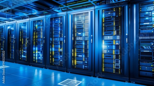 Data Center Illustration. Data Storage IT Room. Image of Server Racks in a Modern Interior. Server Room Infrastructure. IT Systems Technology. Cybersecurity Facility Equipment.