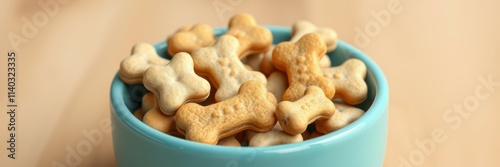 Dog treats in a turquoise bowl ready for feeding pets during a cozy afternoon at home photo