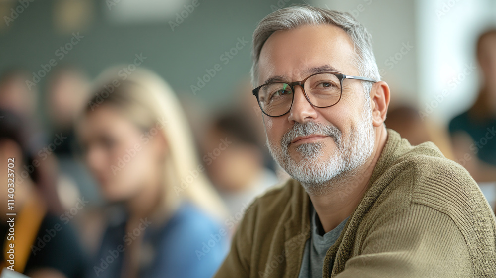 A middle-aged man attending a language class to learn Spanish for travel A middle-aged man attending a language class to learn Spanish for travel
