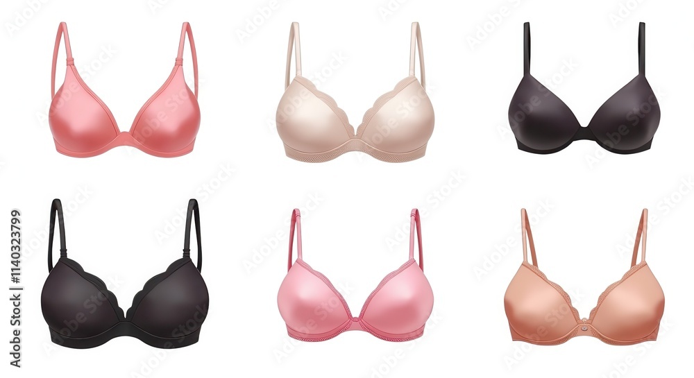 Set of Lingerie Illustrations Featuring Various Bra Designs in Pink, Nude, and Black Colors for Fashion and Retail Use