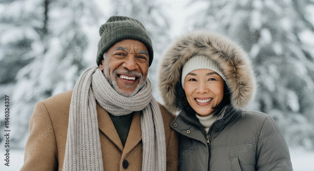 Obraz premium Winter portrait of smiling elderly african male and asian female in warm clothing in snowy park