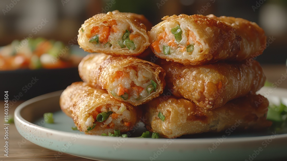 A plate stacked with crispy spring rolls filled with colorful vegetables, served with a side of dipping sauce.