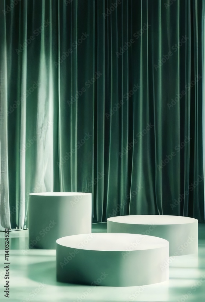 Three minimalist light-green display podiums against a dark-green velvet curtain backdrop. Three minimalist light-green display podiums against a dark-green velvet curtain backdrop.