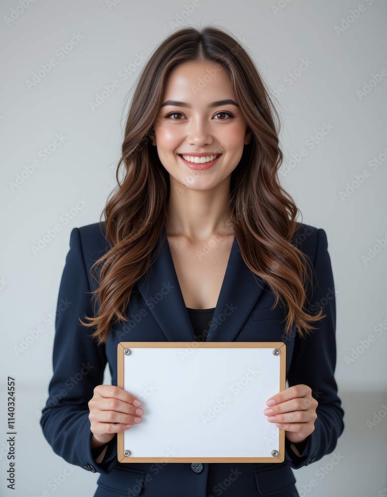 Office Lady Holding Small Whiteboard and Warmly Smiling Office Lady Holding Small Whiteboard and Warmly Smiling