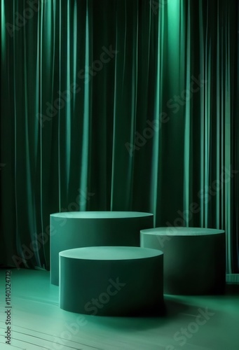 Three green cylindrical podiums on wooden floor with green velvet curtains backdrop.