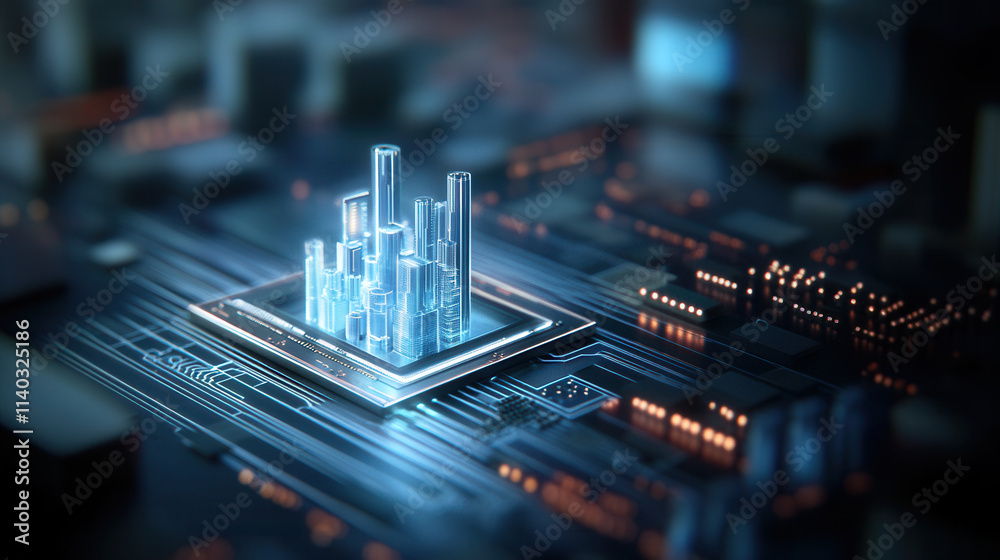 futuristic smart city model illuminated on microchip, symbolizing advanced technology and energy efficient urban planning futuristic smart city model illuminated on microchip, symbolizing advanced technology and energy efficient urban planning
