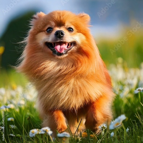 A brown Pomeranian happily runs through the flower field, its fur blowing in the wind and a smile on its face, tongue out. photo