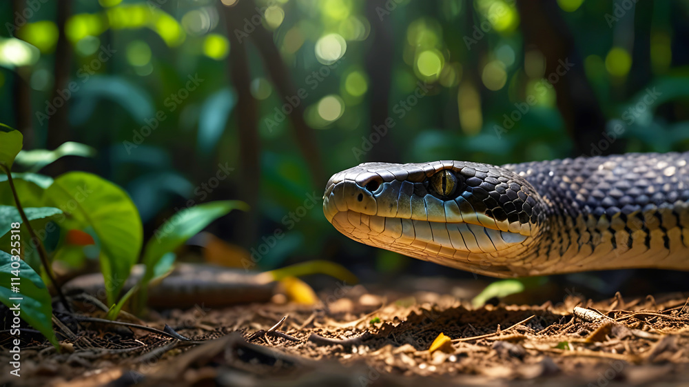 A Snake Closeup Look Head And Eyes, Jungle And Blured Trees On Background, Natural And Soft Sun Light On Image A Snake Closeup Look Head And Eyes, Jungle And Blured Trees On Background, Natural And Soft Sun Light On Image