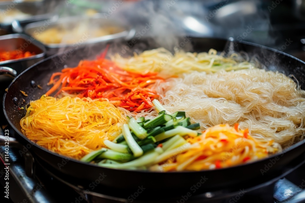 Korean style stir fried vermicelli noodles with mixed vegetables often enjoyed during holidays like New Year and Chuseok garnished with carved leeks and vegeta