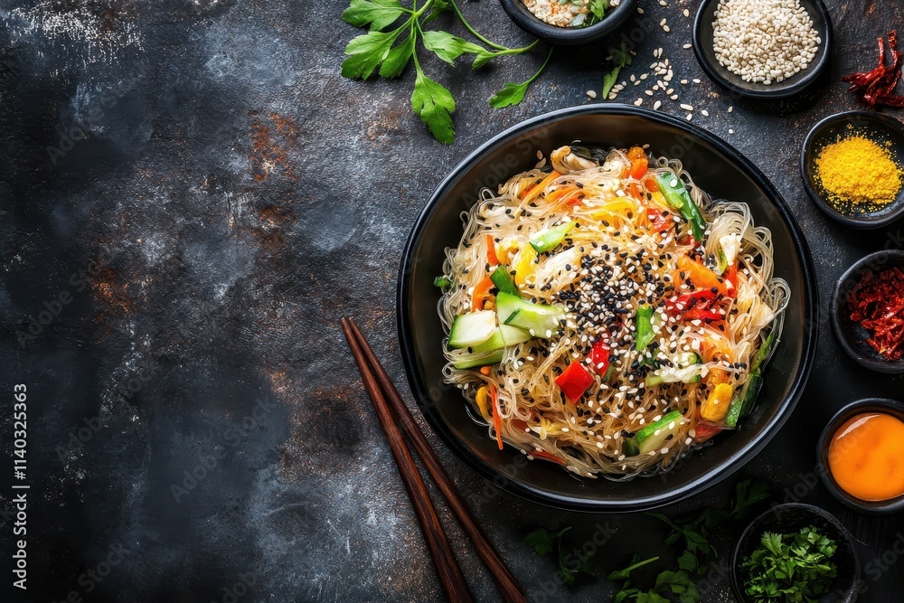 Korean style stir fried vermicelli noodles Japchae with vegetables and sesame viewed from above Korean style stir fried vermicelli noodles Japchae with vegetables and sesame viewed from above