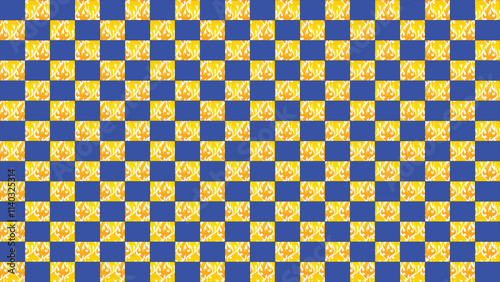 Yellow and blue checkered tile pattern with a white background