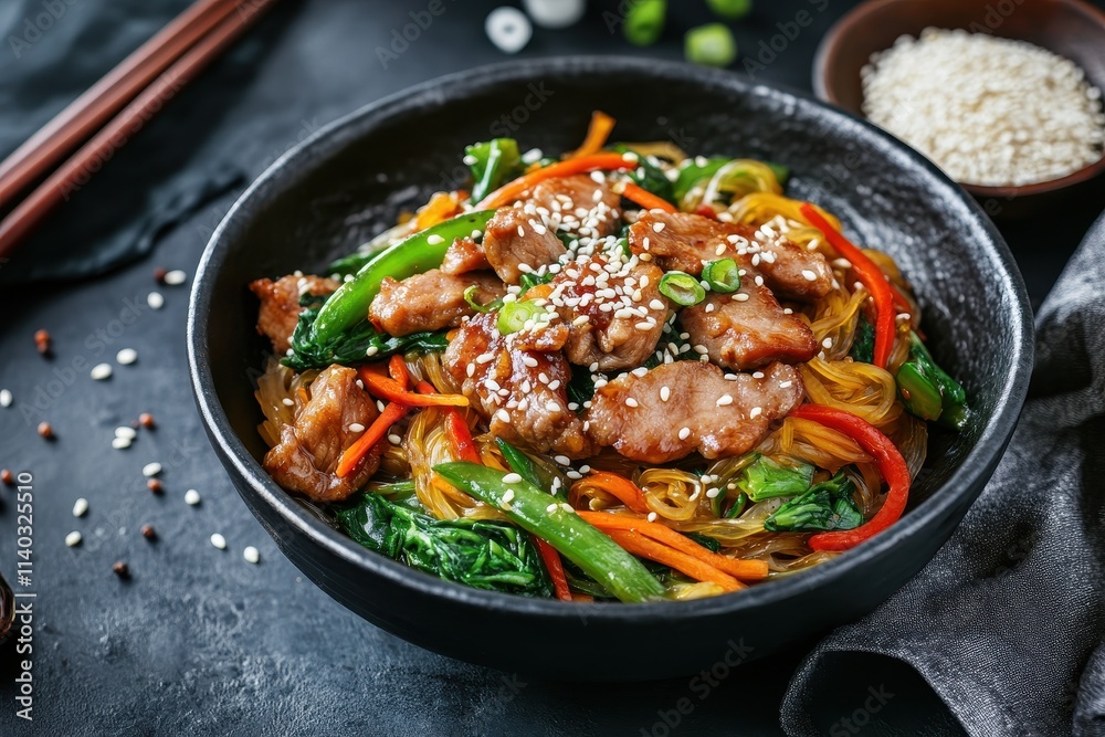 Korean style stir fried vermicelli noodles with vegetables pork and sesame Korean style stir fried vermicelli noodles with vegetables pork and sesame